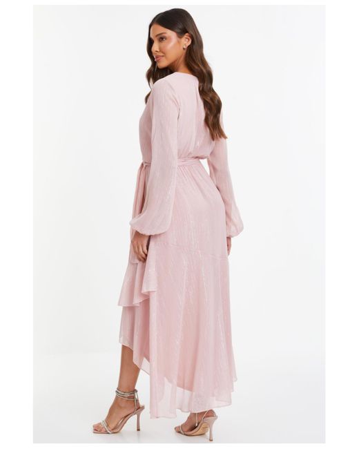 Quiz Pink Metallic Chiffon Long Sleeve Wrap Maxi Dress