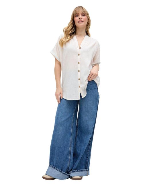 Raffya White Juneeta Crop Sleeve Button Down Shirt