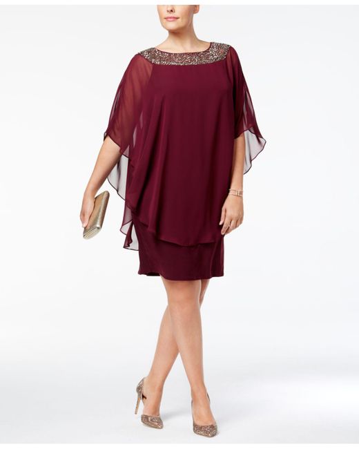 Xscape Plus Size Beaded Chiffon Capelet Dress in Red | Lyst