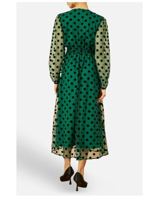 Yumi' Green Spot Mesh Wrap Midi Skater Dress
