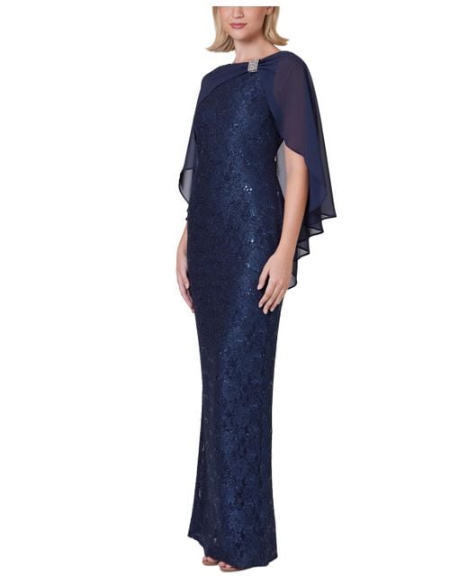 Jessica Howard Blue Petite Embellished Capelet Gown