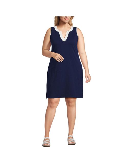 Lands' End Blue Plus Size Cotton Jersey Sleeveless Swim Cover-up Dress Print