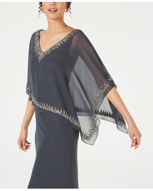 J Kara Bead-embellished Cape Gown in Gray | Lyst