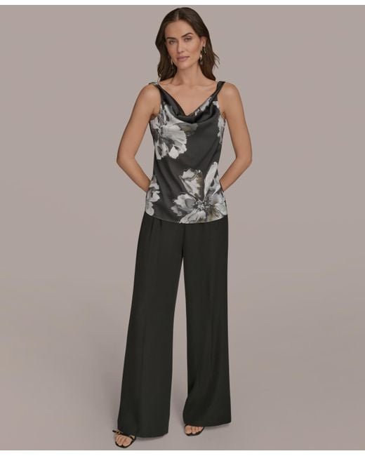 Donna Karan Gray Printed Cowlneck Satin Tank Top