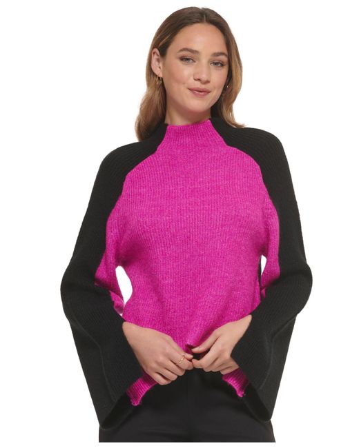 DKNY Colorblocked Funnel-neck Long-sleeve Sweater in Pink | Lyst