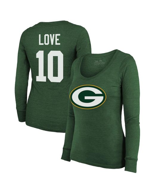Majestic Green Threads Jordan Love Bay Packers Name And Number Long Sleeve Scoop Neck Tri-blend T-shirt