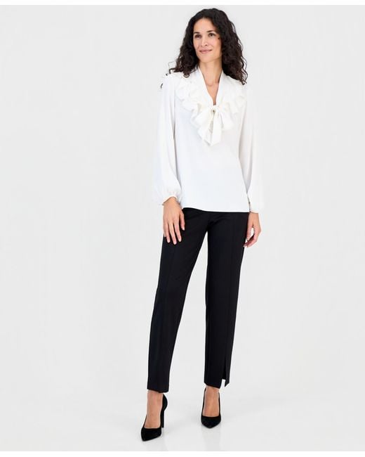 Kasper White Petite Solid Georgette Ruffle-neck Blouse