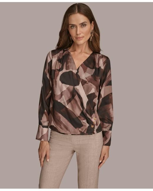 Donna Karan Brown Petite Printed Satin Long Sleeve Wrap Top