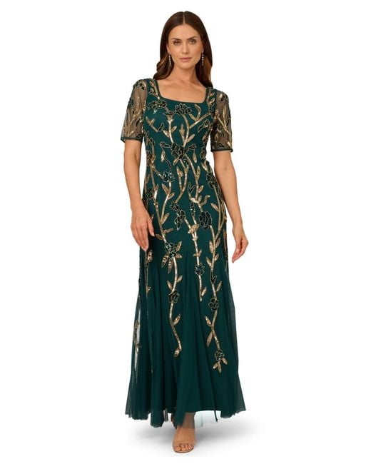 Adrianna Papell Square-neck Beaded Mesh Gown in Green | Lyst