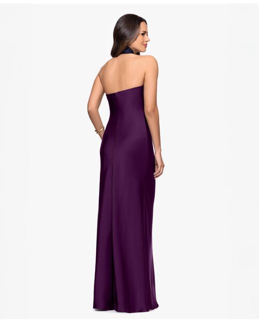 Betsy & Adam Purple Solid-color Knot-front Long Halter Dress