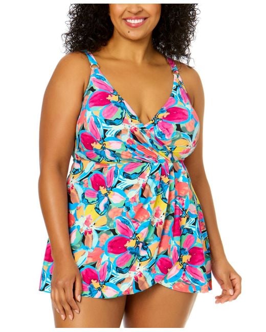 Anne Cole Plus Size Surplice V-neck Skirted One-piece Swimdress in Blue ...