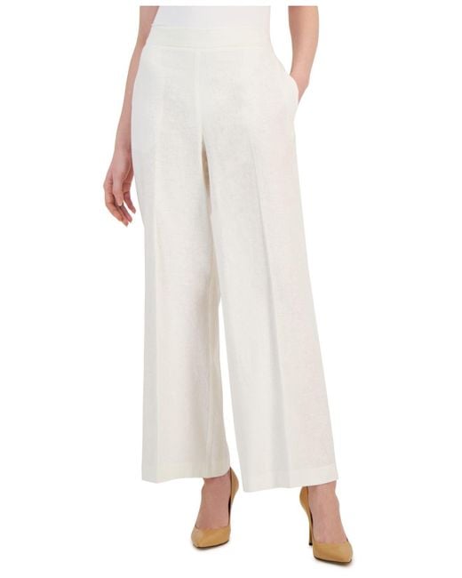 Nine West White Linen-blend High-rise Pull-on Wide-leg Pants