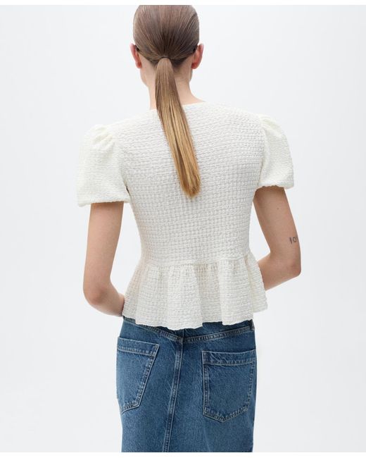 Mango White Bow Closure Textured Blouse