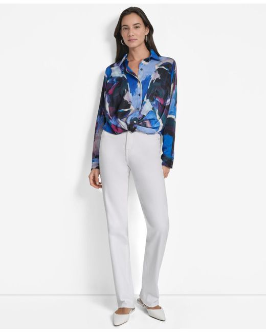 DKNY Blue Printed Long-sleeve Twist-front Blouse