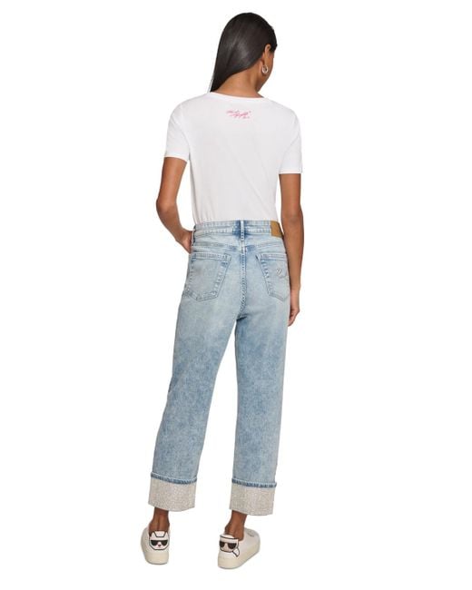 Karl Lagerfeld Blue High-rise Crystal-cuff Jeans