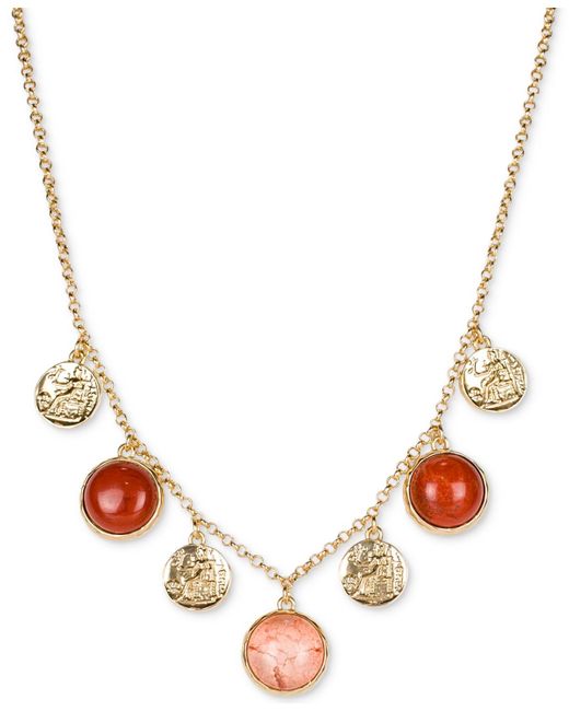 Patricia Nash Metallic Gold-tone Coin & Red Bead Charm Frontal Necklace