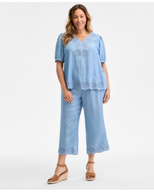 Style & Co. Blue Plus Size Embroidered-hem Chambray Pull-on Pants