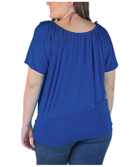 24seven Comfort Apparel Blue Plus Size Short Sleeve Split Shoulder Top