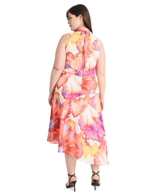 Maggy London Pink Plus Size Printed Asymmetric-hem Midi Dress