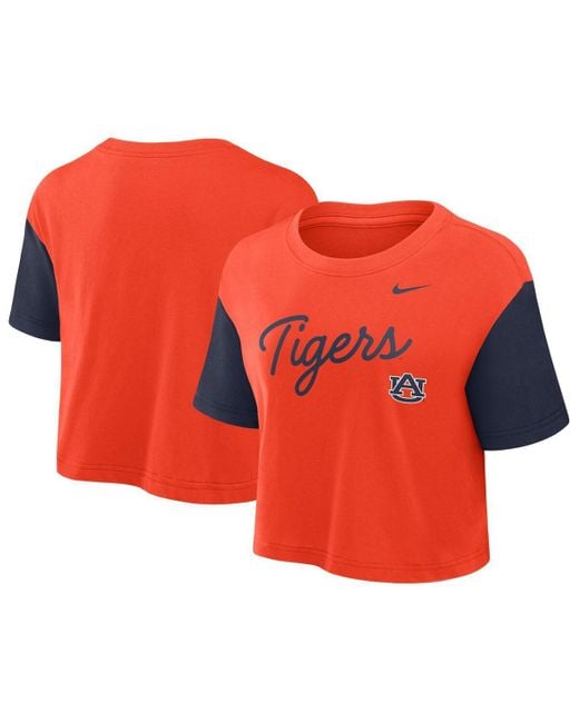 Nike Red Orange/navy Auburn Tigers Color Block Script Cropped T-shirt