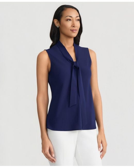 Kasper Blue Solid Sleeveless Tie-neck Blouse