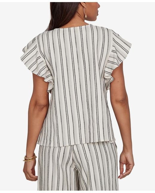 Ruby Rd White Petite Flutter-sleeve Textured Stripe Top