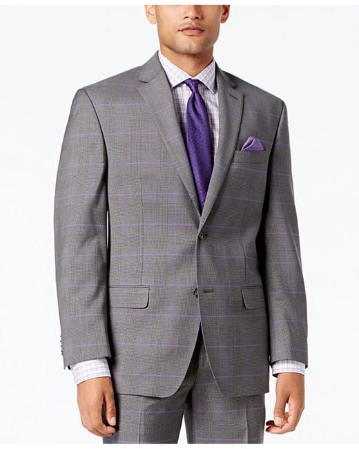 Sean John Men's Classic-fit Stretch Gray/purple Windowpane Plaid Suit Jacket for men