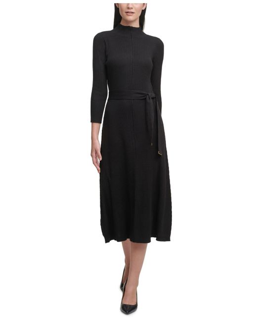 Calvin Klein Synthetic Ribbed-knit Belted Sweater Dress in Black | Lyst