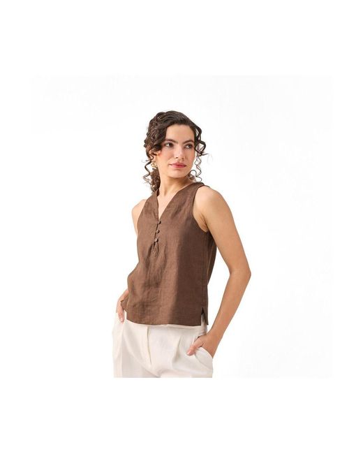 REISTOR Brown Button Neck Top