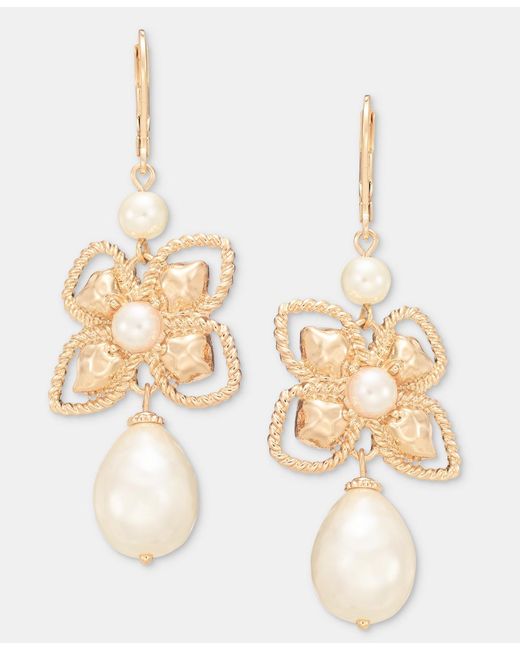 Anne Klein Imitation Pearl Hammered Flower Drop Earrings in White | Lyst