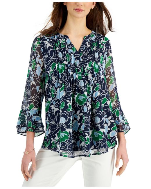 Charter Club Synthetic Petite Floral-print Flutter-sleeve Pintuck Top ...