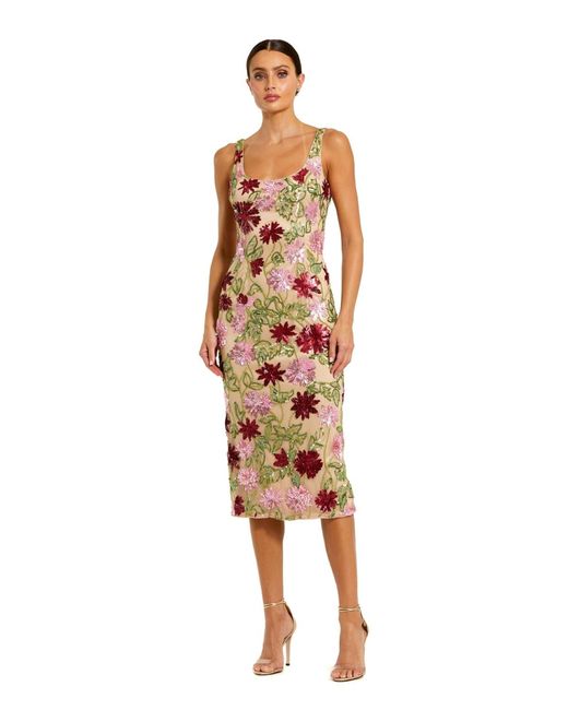 Mac Duggal Women's Floral Beaded Mesh Scoop Neck Fitted Midi Dress