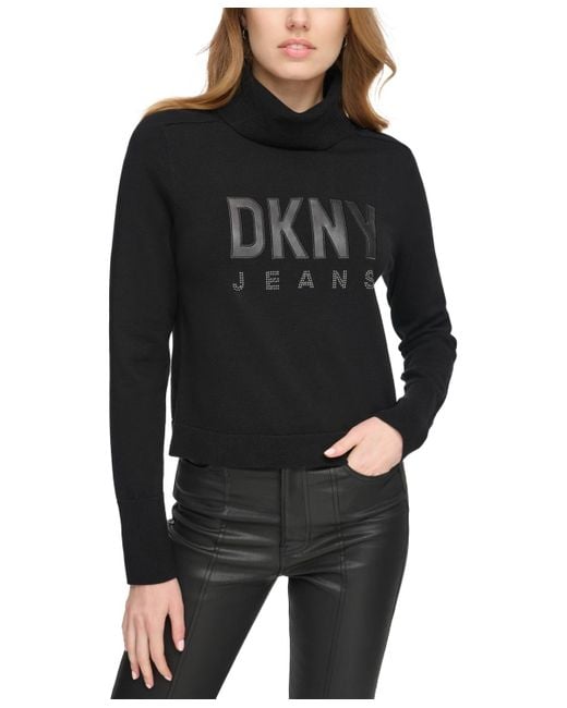 DKNY Black Faux-leather-logo Turtleneck Sweater