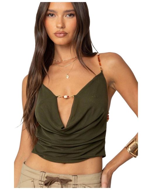Edikted Green Beaded Deep Cowl Neck Backless Top