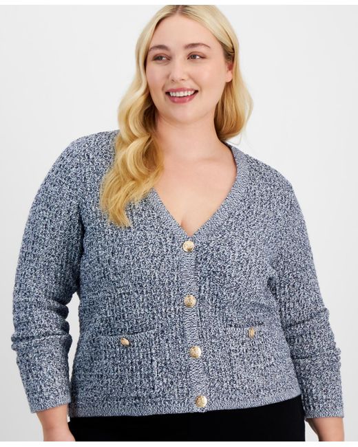 On 34th Blue Trendy Plus Size Cotton Button-front Cardigan