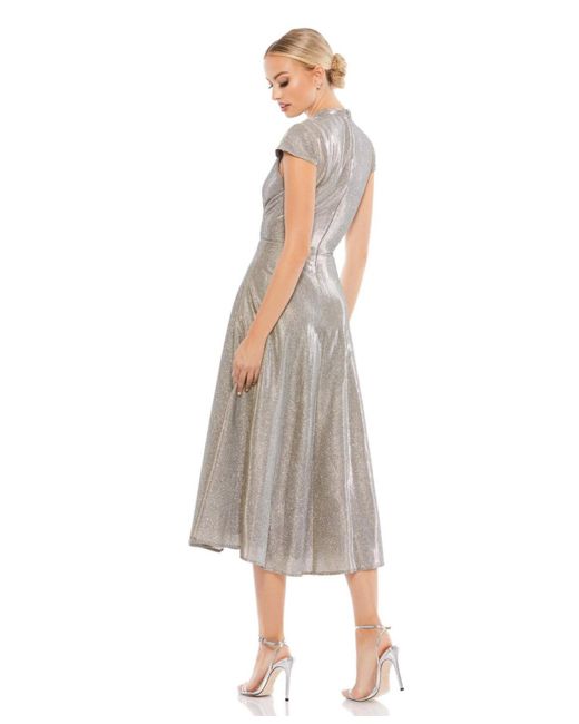 Mac Duggal White Ieena Metallic Cap Sleeve Tea-length Dress