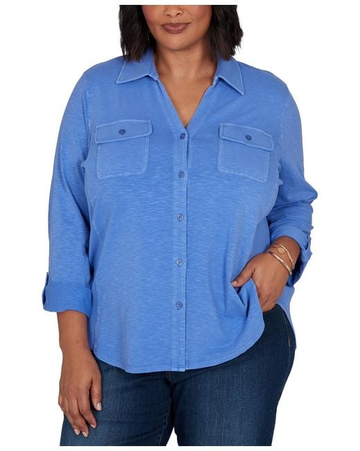 Ruby Rd Blue Plus Size Rib Trim Button Front Knit Top