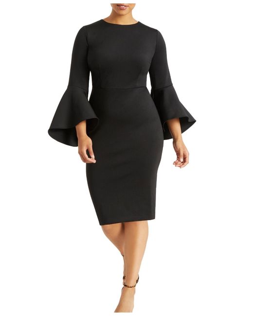 Eloquii Black Plus Size Flare Sleeve Scuba Dress