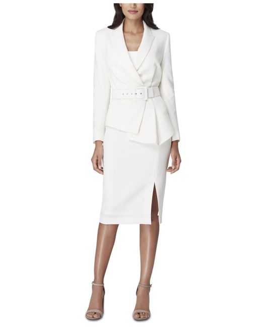 Tahari White Asymmetrical Belted Skirt Suit
