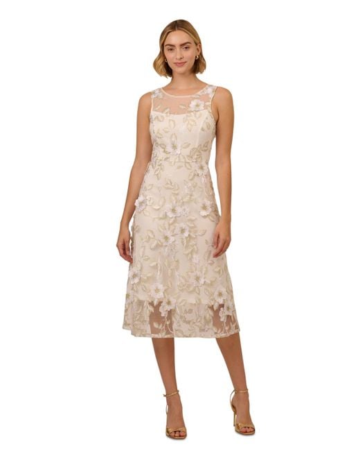 Adrianna Papell Natural Floral Embroidery Illusion Fit & Flare Midi Dress