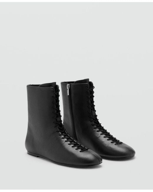 Mango Black Lace-up Leather Ankle Boots