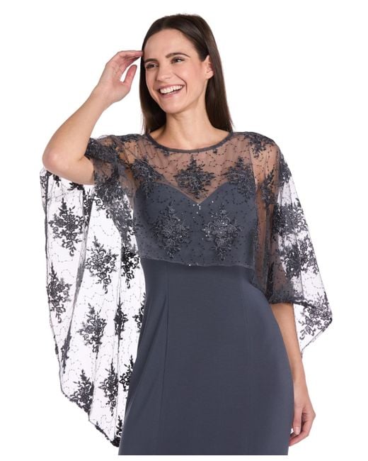 R & M Richards Blue Embellished-capelet Gown