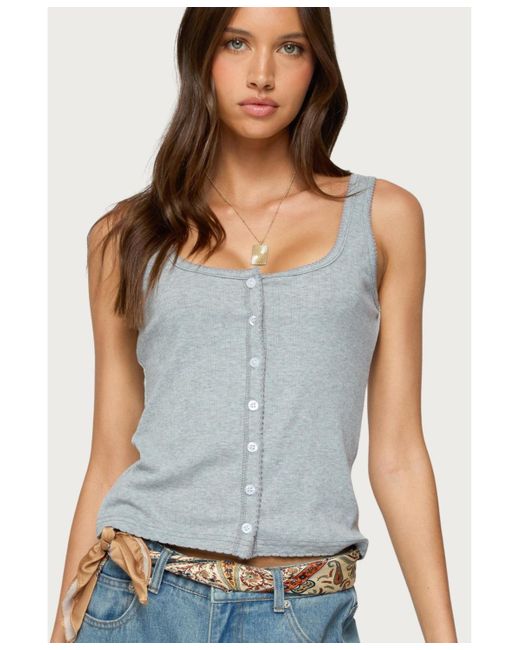 Edikted Gray Gwenne Pointelle Button Up Tank Top