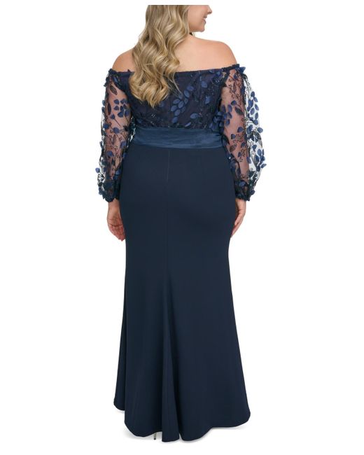 Eliza J Blue Plus Size Floating Petals Off-the-shoulder Gown