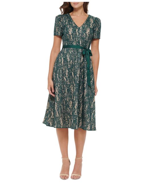Kensie Green Embroidered Belted Lace Fit & Flare Dress