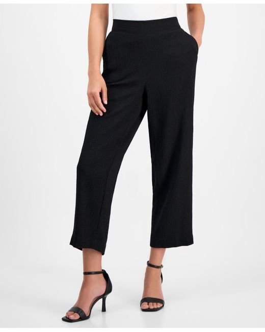 Anne Klein White Petite Textured Pull-on Mid-rise Wide-leg Pants