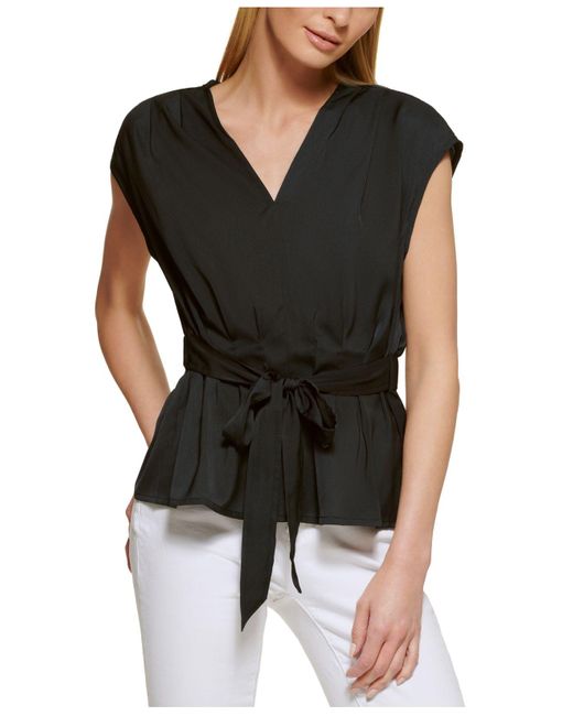 DKNY Synthetic Capsleeve Vneck Top in Black Lyst