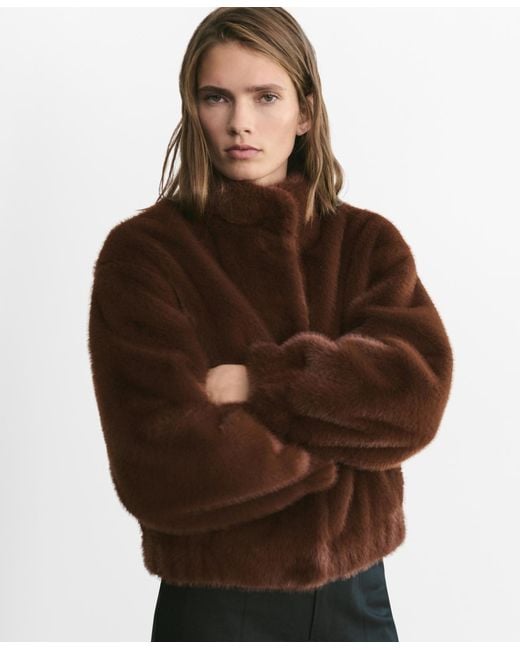 Mango Brown Pockets Faux-fur Jacket