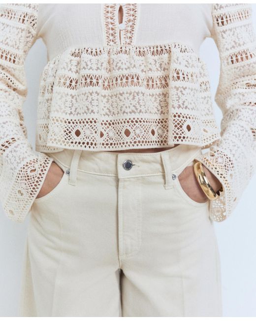 Mango White Openwork Details Embroidered Cotton Blouse