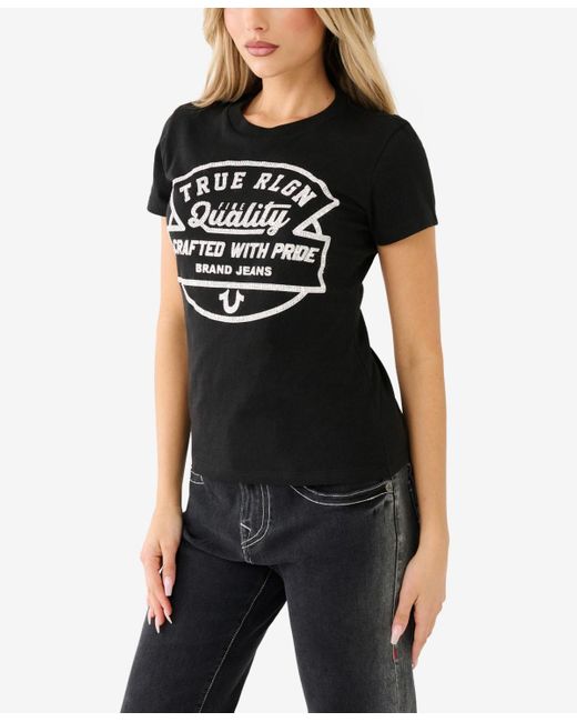 True Religion Black Shorts Sleeve Crystal Logo Crew T-shirt